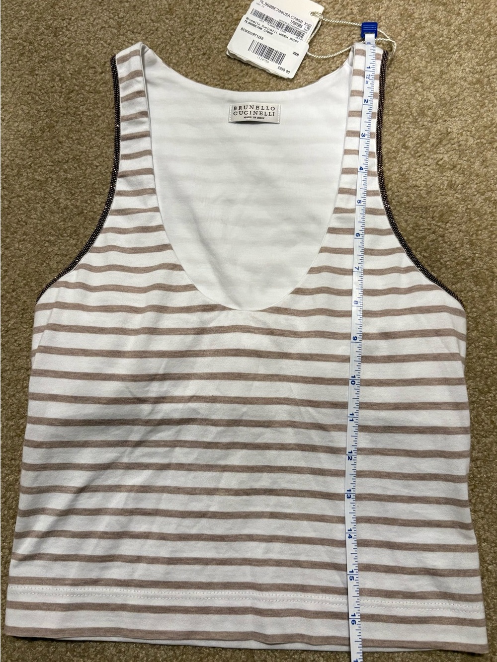 Brunello Cucinelli Cream & Taupe Striped Cotton Tank with Brunello Monili Trim - Picture 7 of 10